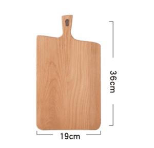 Rectangular beech wood charcuterie board with a hanging handle, designed for serving fruit, steak, bread, olives, cheese, and appetizers in home kitchens and dining settings