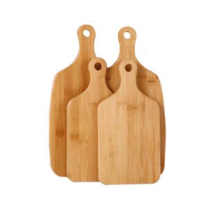 large bamboo cutting board with rounded handle and hanging hole for food preparation and serving