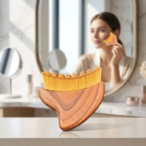Wooden contour face brush with curved ergonomic shape and dense nano bristles designed for lymphatic drainage massage, facial sculpting, and foundation blending.