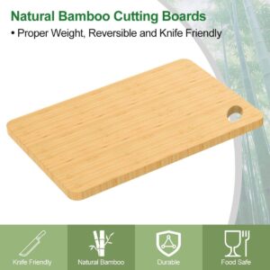 rectangular bamboo cutting board with rounded corners and hanging hole for food preparation and kitchen storage