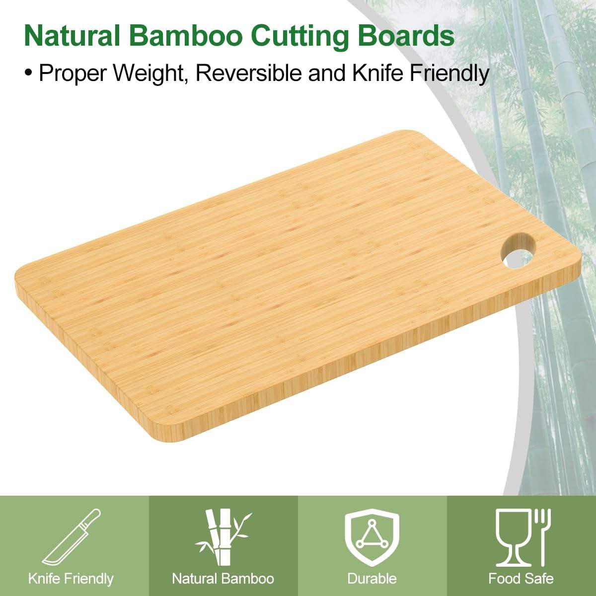 rectangular bamboo cutting board with rounded corners and hanging hole for food preparation and kitchen storage