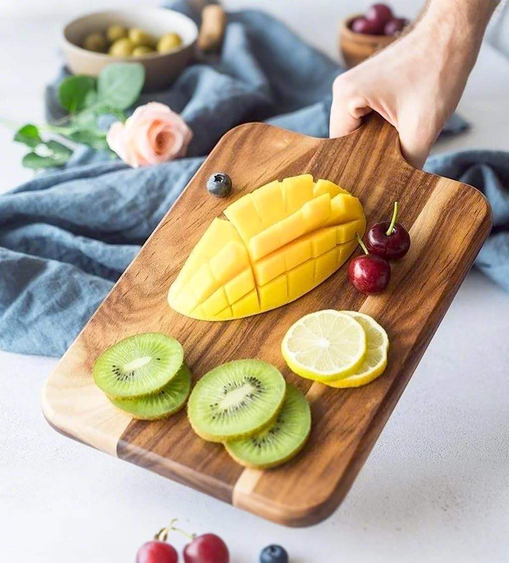acacia wood serving board with handle for charcuterie, cheese, fruits, snacks, and kitchen food preparation