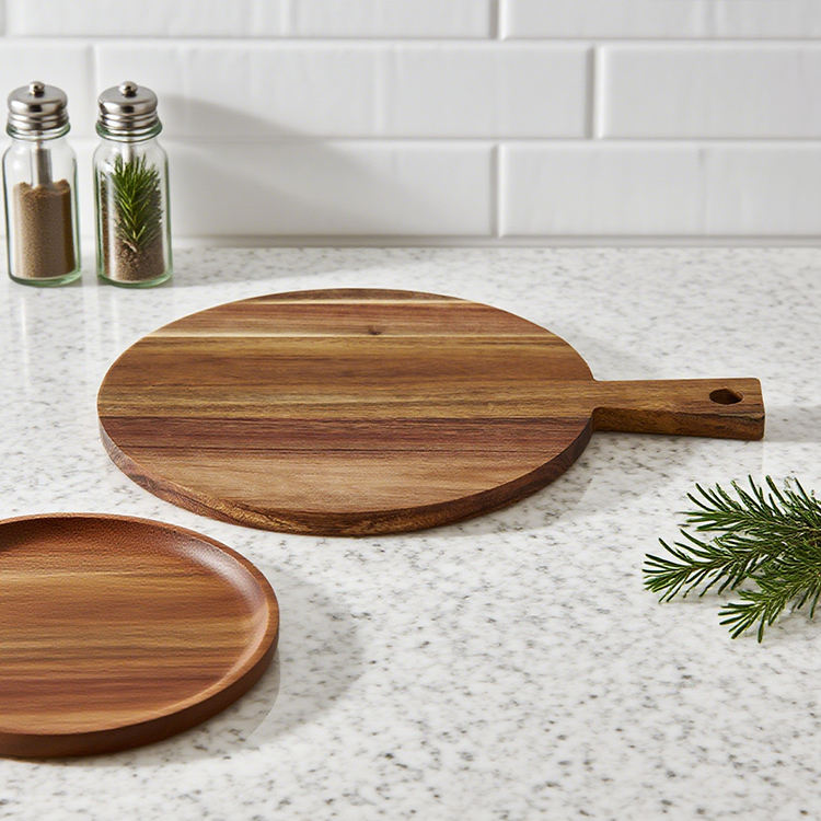 Round Acacia wood cutting board with handle for pizza, bread, fruits, and general kitchen use