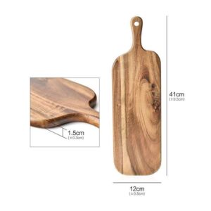 Rectangular acacia wood cutting board with handle, ideal for serving cheese, charcuterie, bread, and fruits, suitable for home kitchens and restaurants