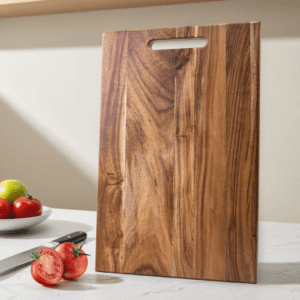 Set of three acacia wood chopping boards with handles, American dark walnut style, suitable for cutting, serving, and kitchen prep