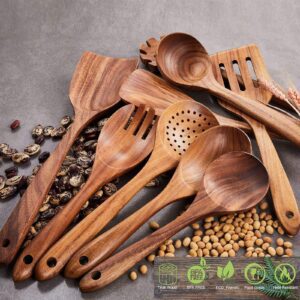 Six-piece teak wood kitchen utensil set featuring long-handle spatulas, cooking spoons, slotted spoon, and serving utensils for non-stick cookware and everyday cooking