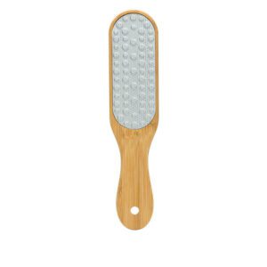 Bamboo handle foot file with stainless steel surface for removing dead skin and calluses, ideal for salon and home pedicure use