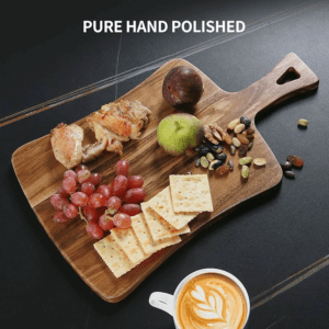 Rectangular acacia wood cutting board with handle, ideal for serving cheese, charcuterie, bread, and fruits, suitable for home kitchens and restaurants