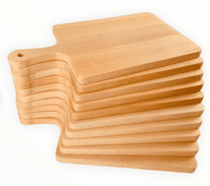 Rectangular beech wood charcuterie board with a hanging handle, designed for serving fruit, steak, bread, olives, cheese, and appetizers in home kitchens and dining settings