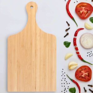 double-sided bamboo cutting board with paddle handle and hanging hole for chopping, slicing, and serving food