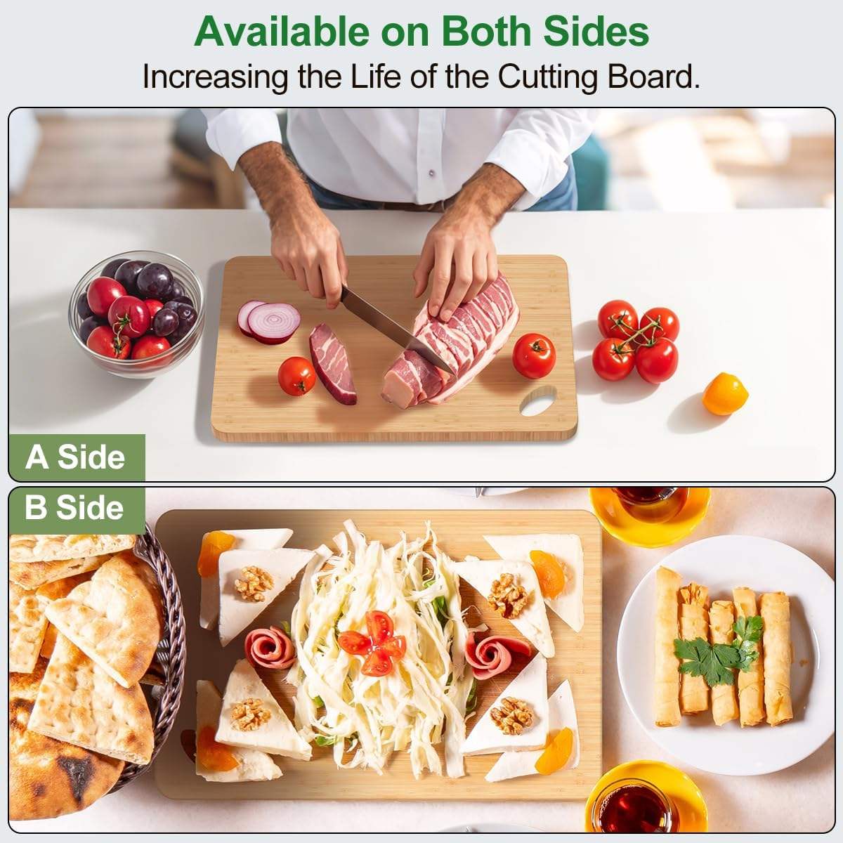 compact rectangular bamboo cutting board with hanging hole for chopping vegetables, fruits, and meat