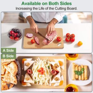 rectangular bamboo cutting board with rounded corners and hanging hole for food preparation and kitchen storage