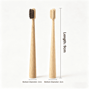 Four-piece bamboo toothbrush set with natural horse hair and boar bristle brush heads, custom logo bamboo handles, and eco-friendly kraft paper packaging for sustainable oral care