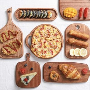acacia wood serving board with handle for charcuterie, cheese, fruits, snacks, and kitchen food preparation