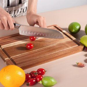 rectangular acacia wood cutting board with juice groove for chopping meat, vegetables, pizza, and food preparation