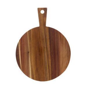 Round Acacia wood cutting board with handle for pizza, bread, fruits, and general kitchen use