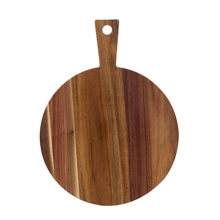 Round Acacia wood cutting board with handle for pizza, bread, fruits, and general kitchen use
