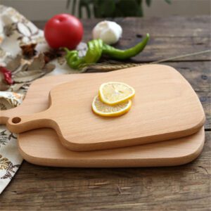 Two solid beech wood cutting boards with handles, ideal for slicing fruit, bread, and pizza, suitable for home baking, kitchen prep, and serving