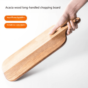 Rectangular acacia wood cutting board with handle, ideal for serving cheese, charcuterie, bread, and fruits, suitable for home kitchens and restaurants