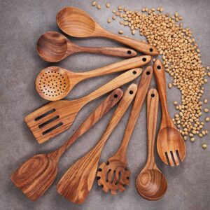 Six-piece teak wood kitchen utensil set featuring long-handle spatulas, cooking spoons, slotted spoon, and serving utensils for non-stick cookware and everyday cooking