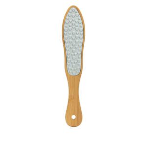 Bamboo handle foot file with stainless steel surface for removing dead skin and calluses, ideal for salon and home pedicure use