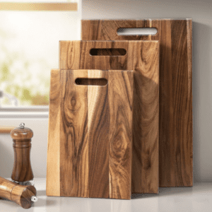 Set of three acacia wood chopping boards with handles, American dark walnut style, suitable for cutting, serving, and kitchen prep