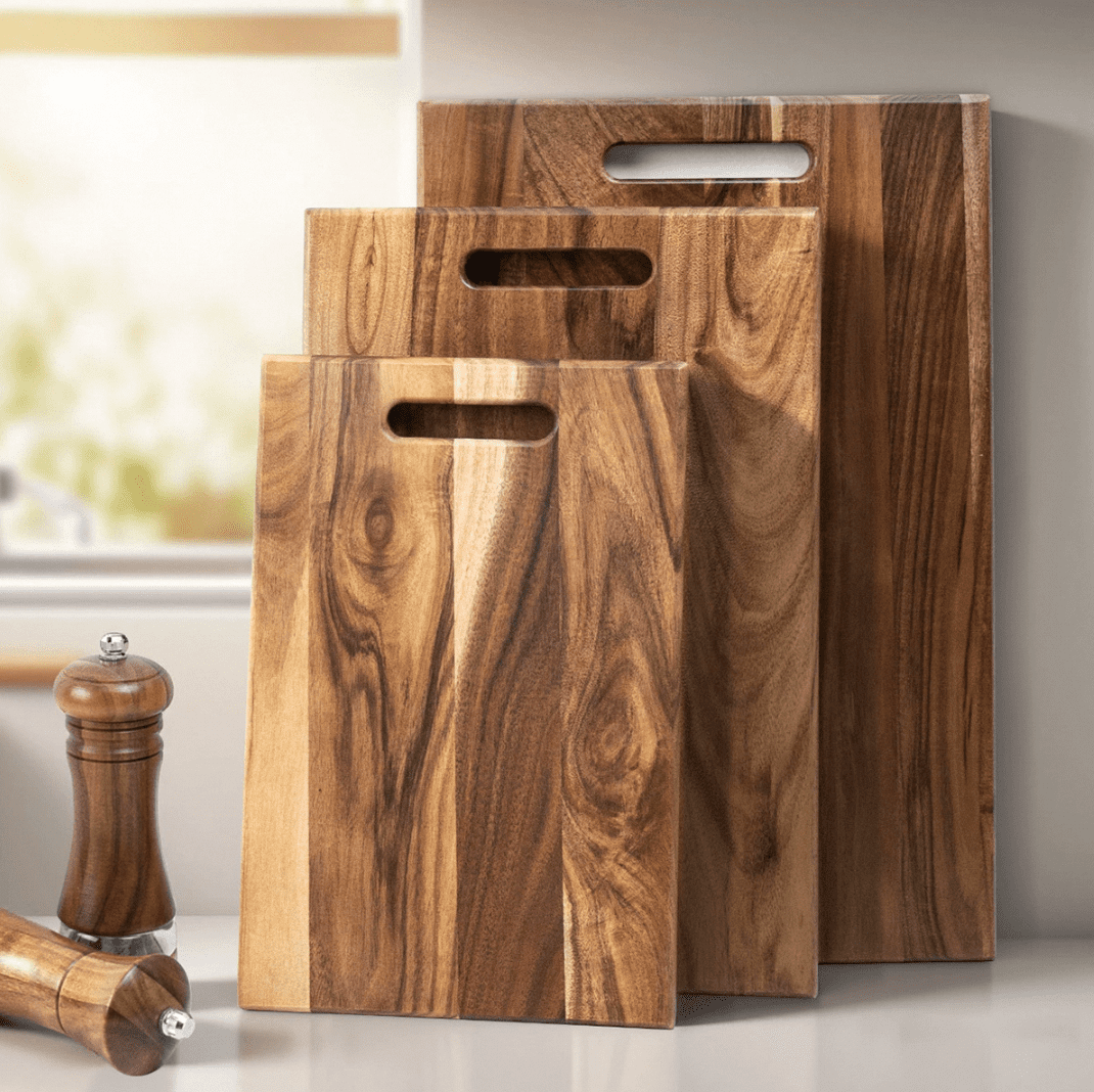 Set of three acacia wood chopping boards with handles, American dark walnut style, suitable for cutting, serving, and kitchen prep