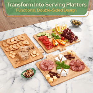 multi-piece bamboo cutting board set with storage holder and food category tabs for organized kitchen use