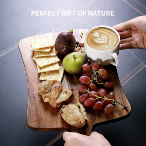 Rectangular acacia wood cutting board with handle, ideal for serving cheese, charcuterie, bread, and fruits, suitable for home kitchens and restaurants