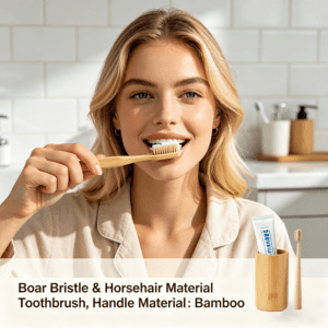 Four-piece bamboo toothbrush set with natural horse hair and boar bristle brush heads, custom logo bamboo handles, and eco-friendly kraft paper packaging for sustainable oral care