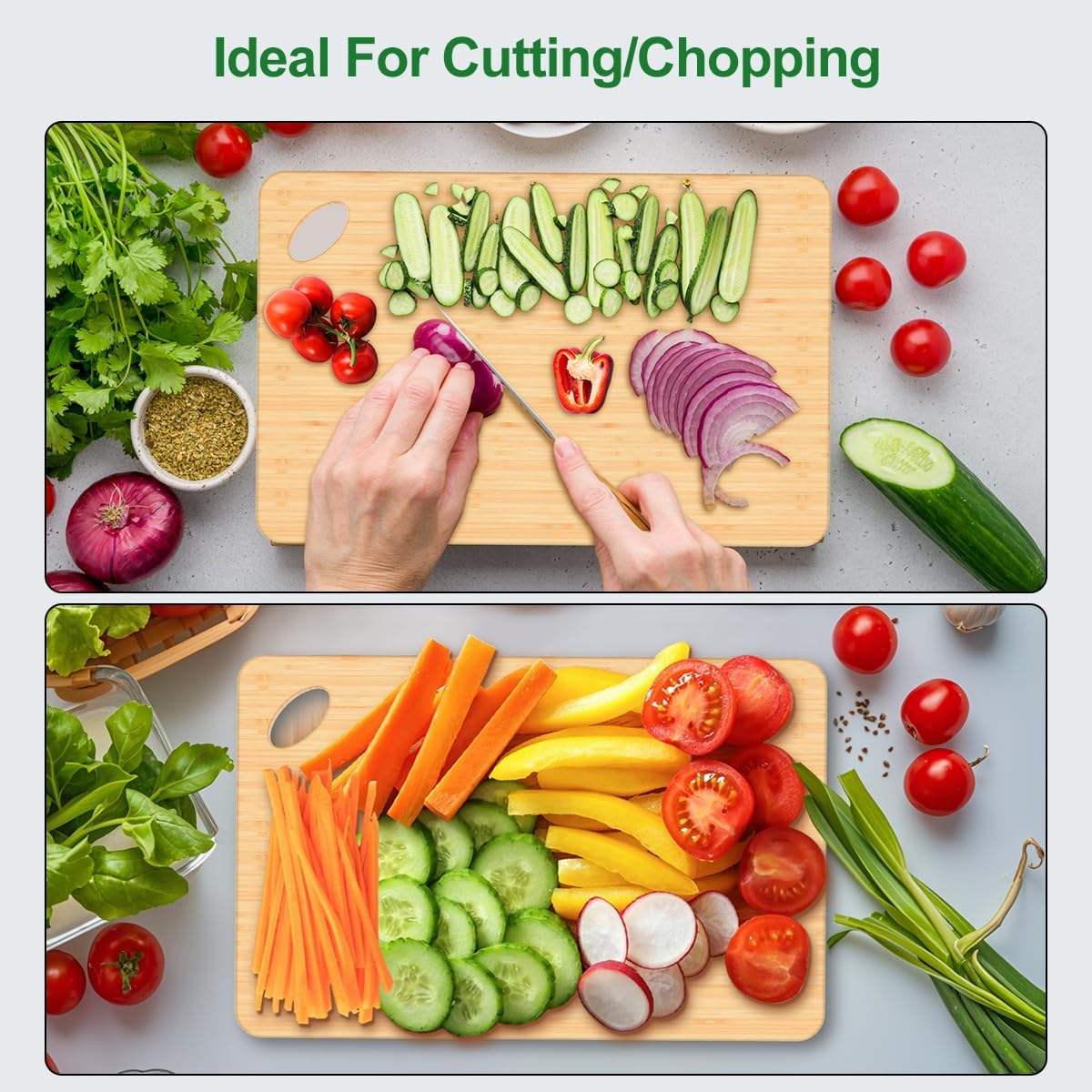 rectangular bamboo cutting board with rounded corners and hanging hole for food preparation and kitchen storage