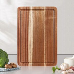 rectangular acacia wood cutting board with juice groove for chopping meat, vegetables, pizza, and food preparation