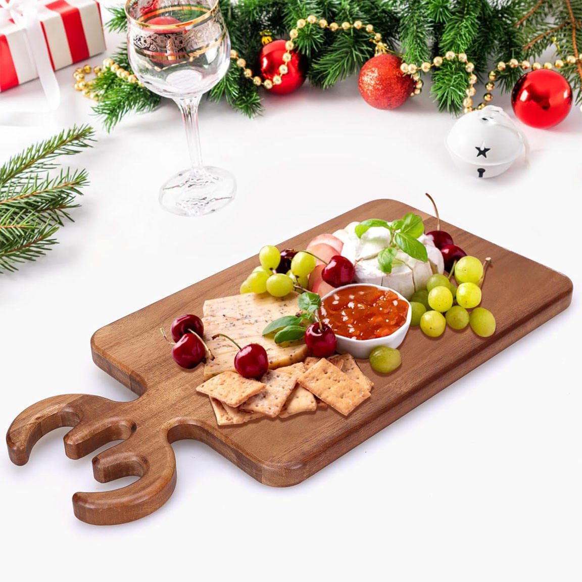 acacia wood serving board with decorative deer antler handle for cheese, charcuterie, sushi, steak and appetizer serving