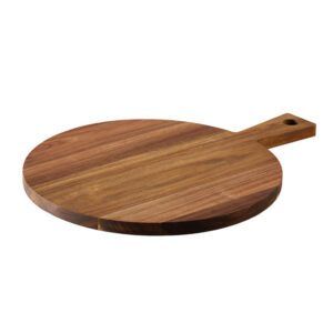 Round Acacia wood cutting board with handle for pizza, bread, fruits, and general kitchen use