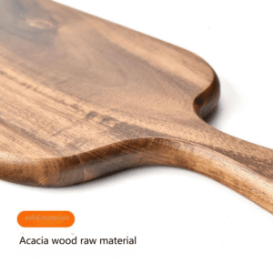 Rectangular acacia wood cutting board with handle, ideal for serving cheese, charcuterie, bread, and fruits, suitable for home kitchens and restaurants
