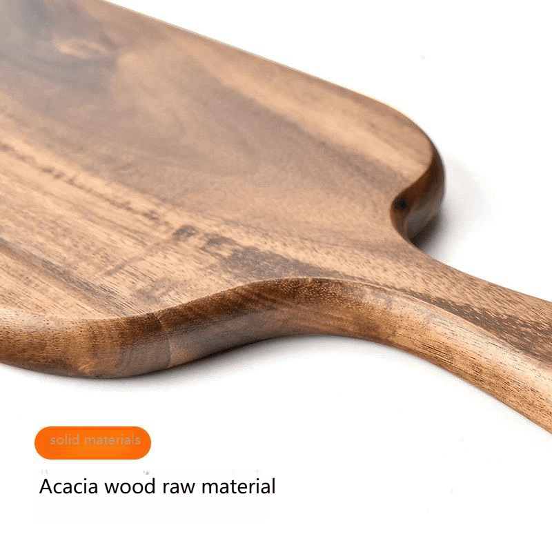 Rectangular acacia wood cutting board with handle, ideal for serving cheese, charcuterie, bread, and fruits, suitable for home kitchens and restaurants