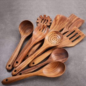 Six-piece teak wood kitchen utensil set featuring long-handle spatulas, cooking spoons, slotted spoon, and serving utensils for non-stick cookware and everyday cooking