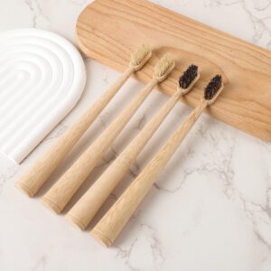 Four-piece bamboo toothbrush set with natural horse hair and boar bristle brush heads, custom logo bamboo handles, and eco-friendly kraft paper packaging for sustainable oral care