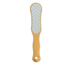 Bamboo handle foot file with stainless steel surface for removing dead skin and calluses, ideal for salon and home pedicure use