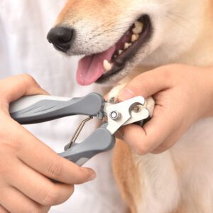 Professional pet nail clippers with non-slip ergonomic handle and stainless steel blade for trimming dog and cat nails safely.