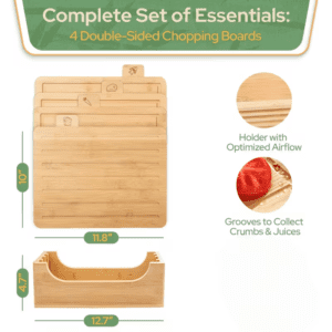multi-piece bamboo cutting board set with storage holder and food category tabs for organized kitchen use