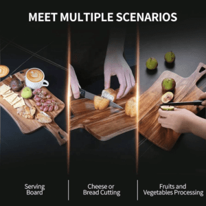 Rectangular acacia wood cutting board with handle, ideal for serving cheese, charcuterie, bread, and fruits, suitable for home kitchens and restaurants