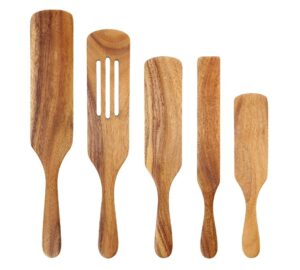 Five-piece teak wood kitchen utensil set featuring spatulas and stirring tools for nonstick cookware, salad preparation, cooking, mixing, and serving food