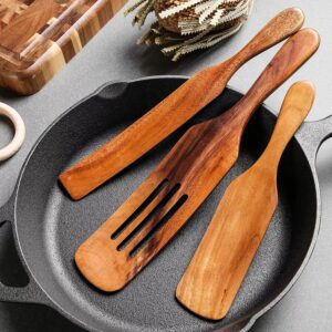 Five-piece teak wood kitchen utensil set featuring spatulas and stirring tools for nonstick cookware, salad preparation, cooking, mixing, and serving food
