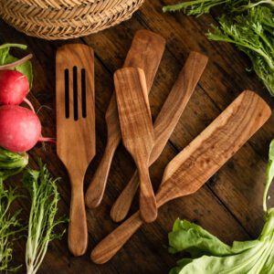 Five-piece teak wood kitchen utensil set featuring spatulas and stirring tools for nonstick cookware, salad preparation, cooking, mixing, and serving food
