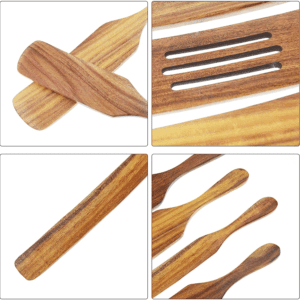 Five-piece teak wood kitchen utensil set featuring spatulas and stirring tools for nonstick cookware, salad preparation, cooking, mixing, and serving food