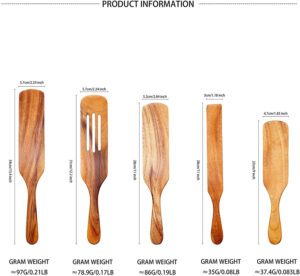 Five-piece teak wood kitchen utensil set featuring spatulas and stirring tools for nonstick cookware, salad preparation, cooking, mixing, and serving food