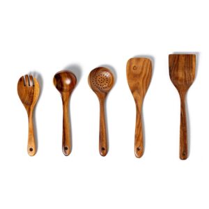 Set of five natural acacia wood kitchen utensils including spatulas, slotted spoons, and stirring tools, designed for non-stick cookware and home cooking