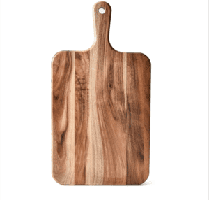 acacia wood cutting board with handle for pizza serving, cheese presentation, bread display and food preparation