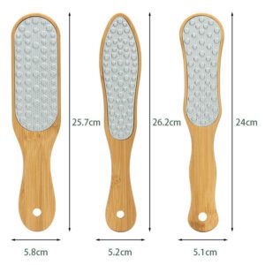 Bamboo handle foot file with stainless steel surface for removing dead skin and calluses, ideal for salon and home pedicure use